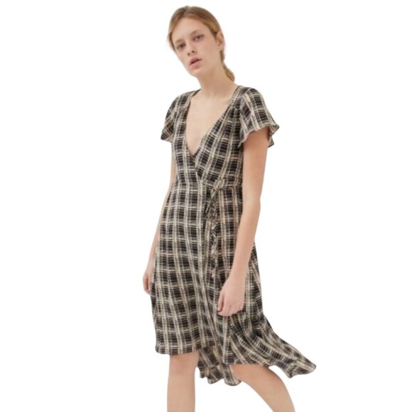 Urban Outfitters Small Dress Womens Daphne Black Tan Check Hi‎ Lo Midi Wrap - Picture 1 of 10